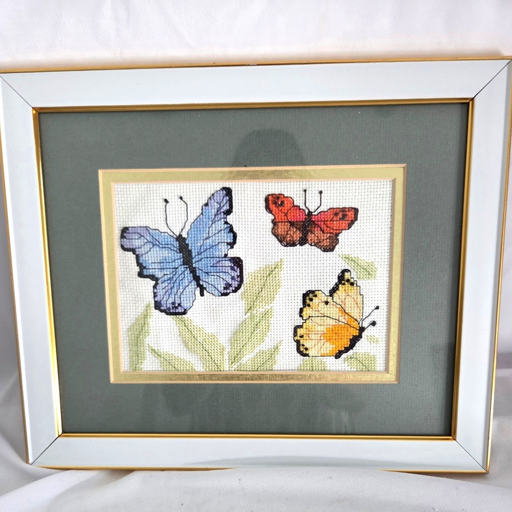 Vintage Handmade Butterfly Cross Stitch Framed Needlepoint